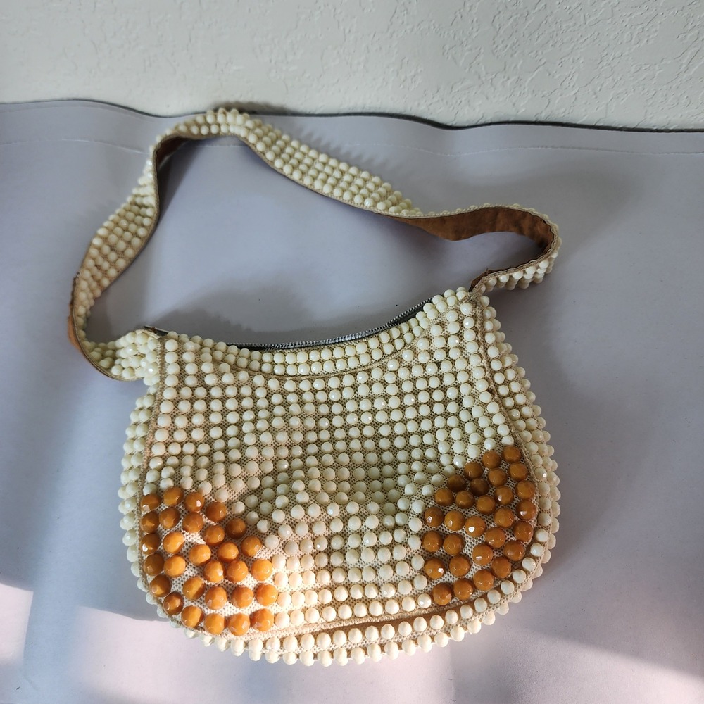 Vintage Mister Ernest Simon Beaded Shoulder Bag Cream Amber Hong Kong MCM